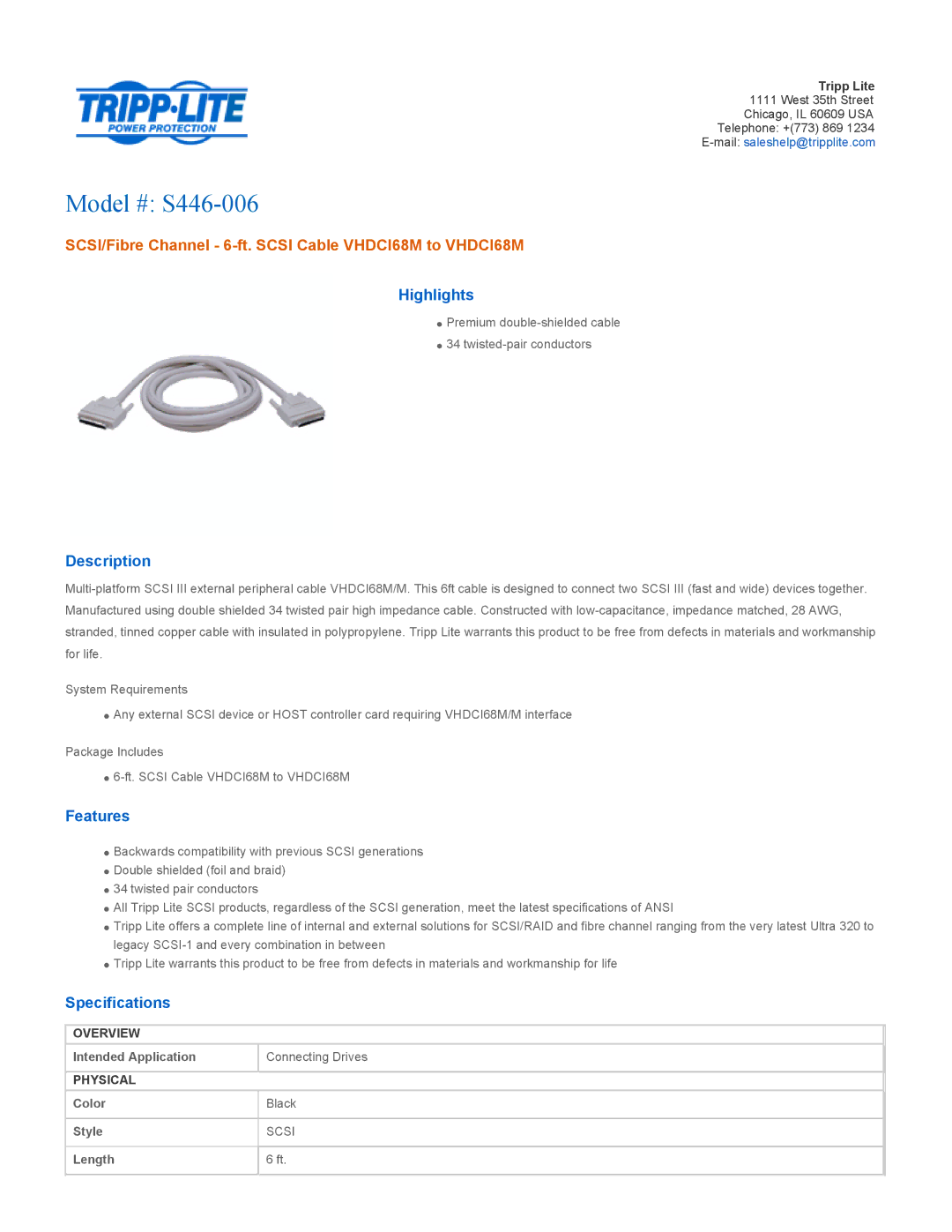 Tripp Lite s446-006 specifications Model # S446-006, SCSI/Fibre Channel 6-ft. Scsi Cable VHDCI68M to VHDCI68M 