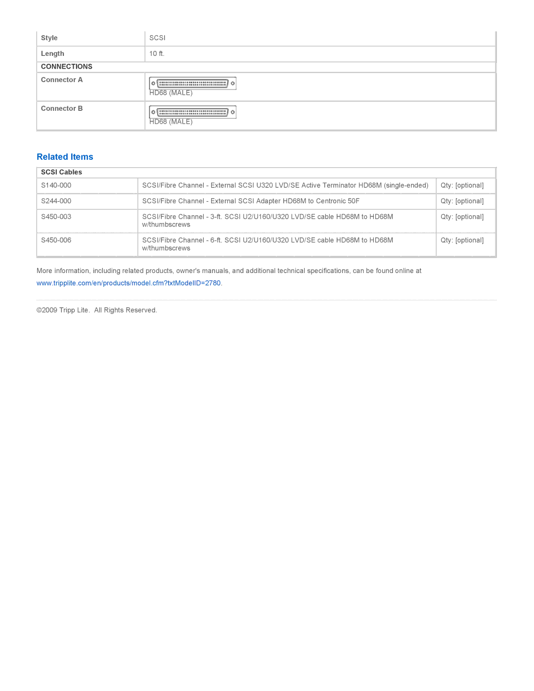 Tripp Lite S450-010 specifications Related Items, Scsi Cables 