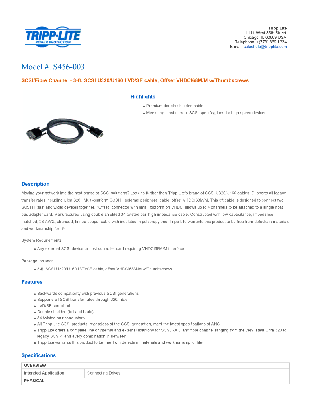 Tripp Lite s456-003 specifications Model # S456-003, Highlights, Description, Features, Specifications 