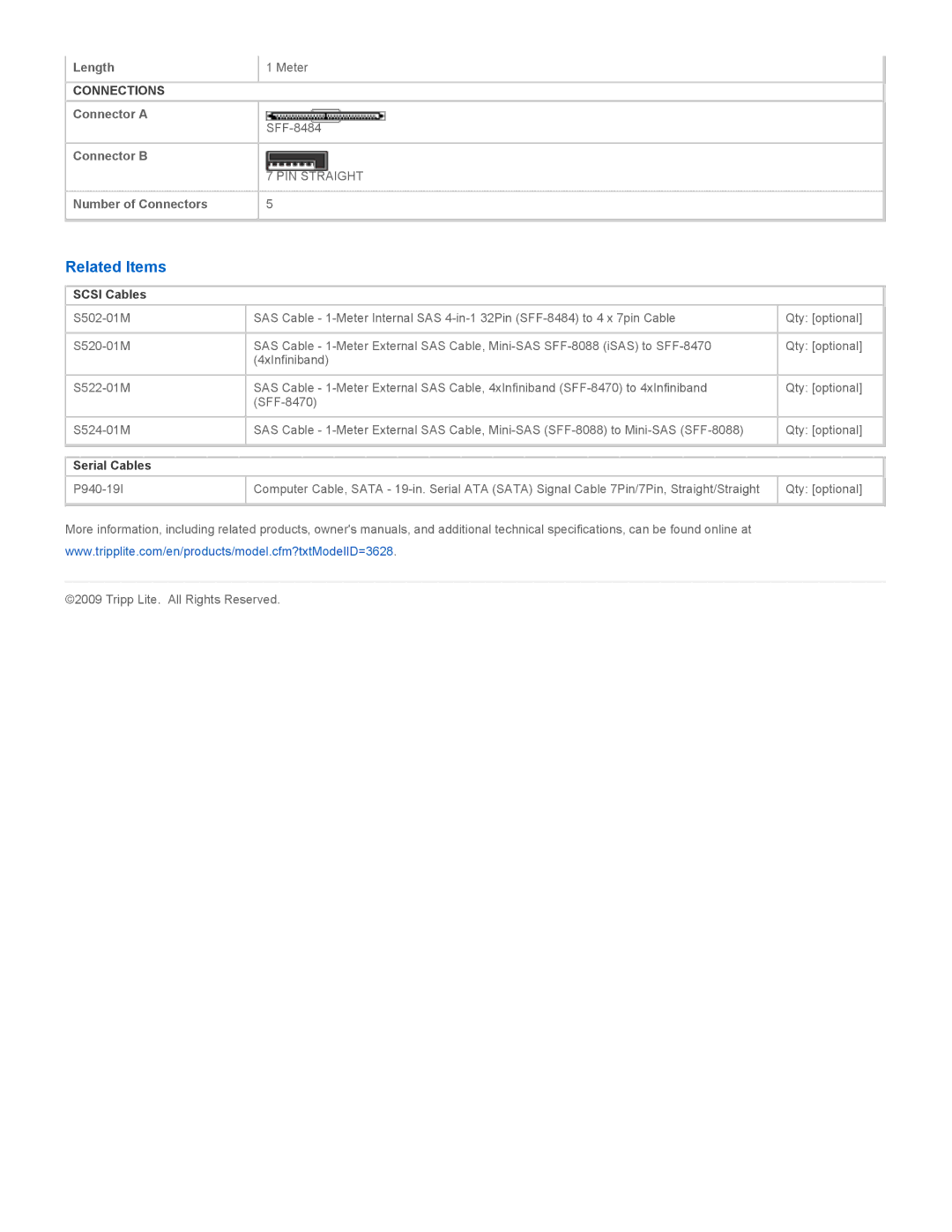 Tripp Lite S502-01M specifications Related Items, Scsi Cables, Serial Cables 