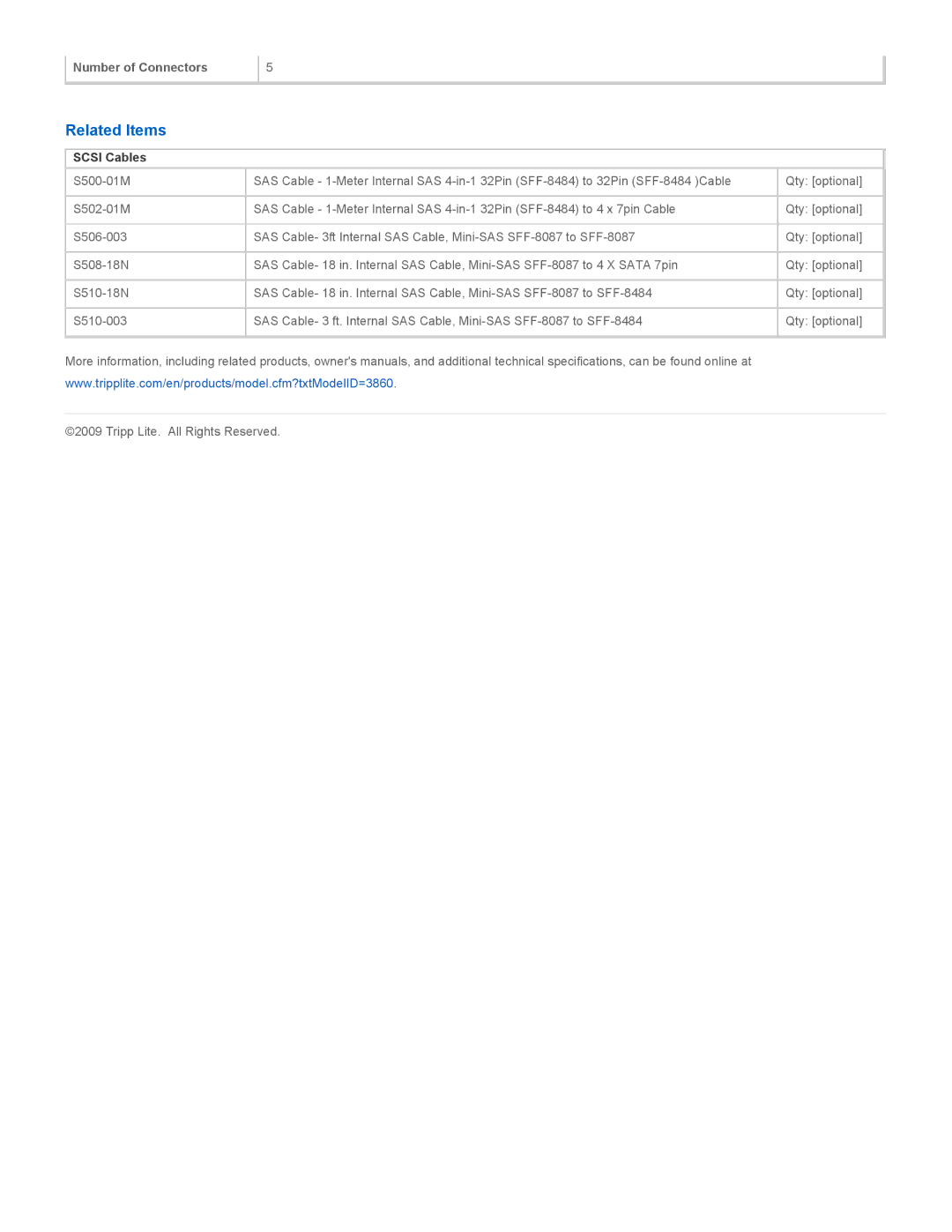 Tripp Lite S508-003 specifications Related Items, Scsi Cables 