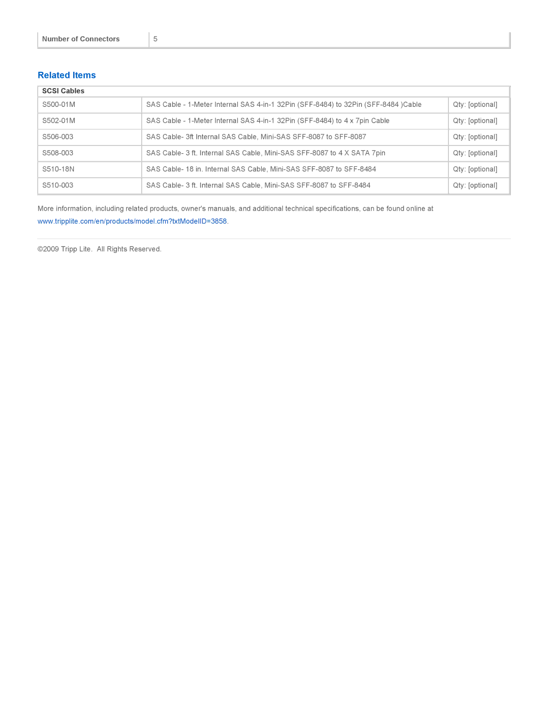 Tripp Lite S508-18N specifications Related Items, Scsi Cables 