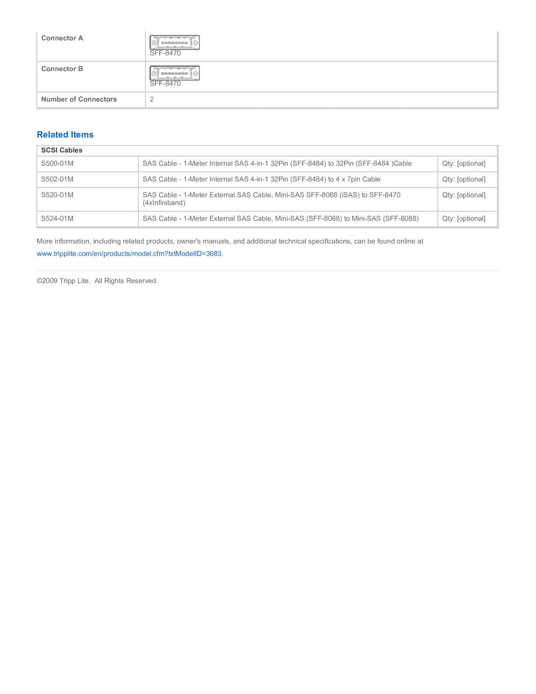 Tripp Lite S522-01M specifications Related Items, Scsi Cables 