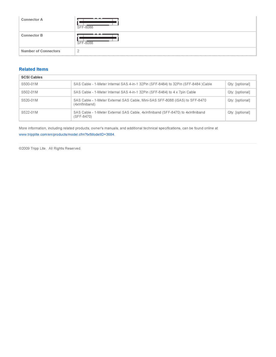 Tripp Lite S524-01M specifications Related Items, Scsi Cables 