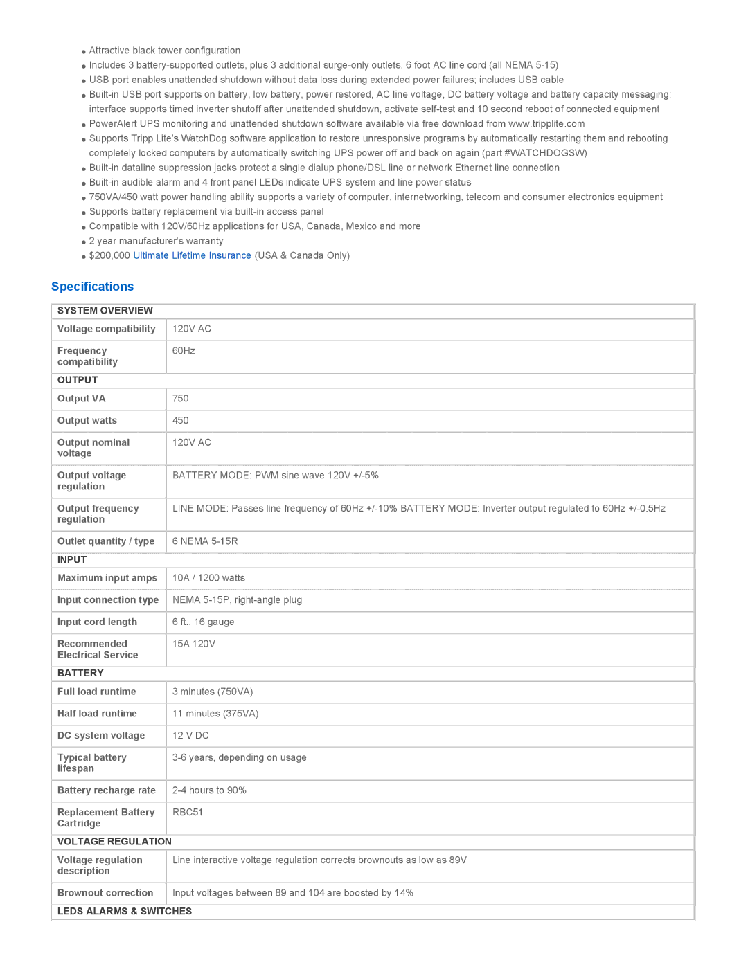 Tripp Lite S750UNAFTA warranty Specifications, RBC51 