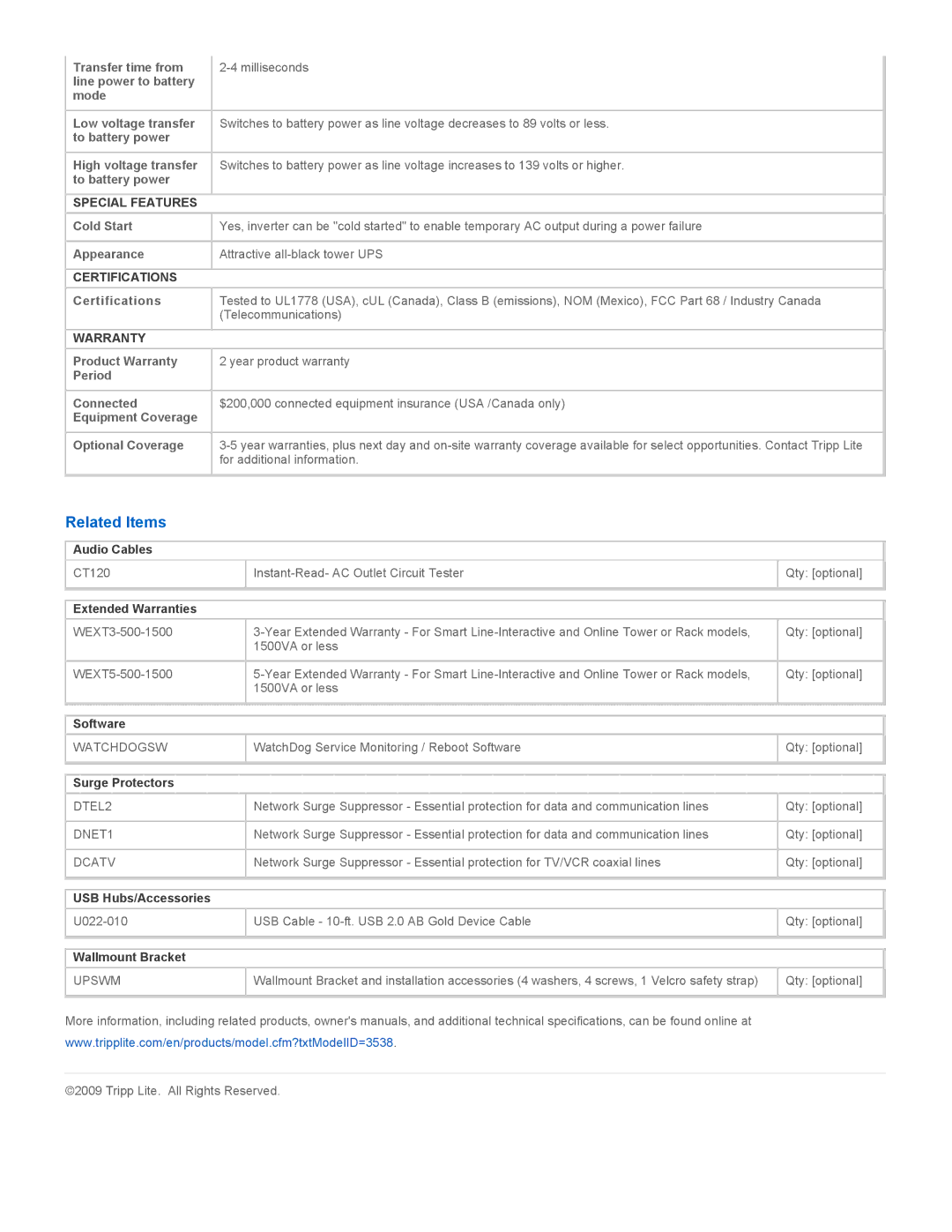 Tripp Lite S750UNAFTA warranty Related Items, Special Features, Certifications, Warranty 