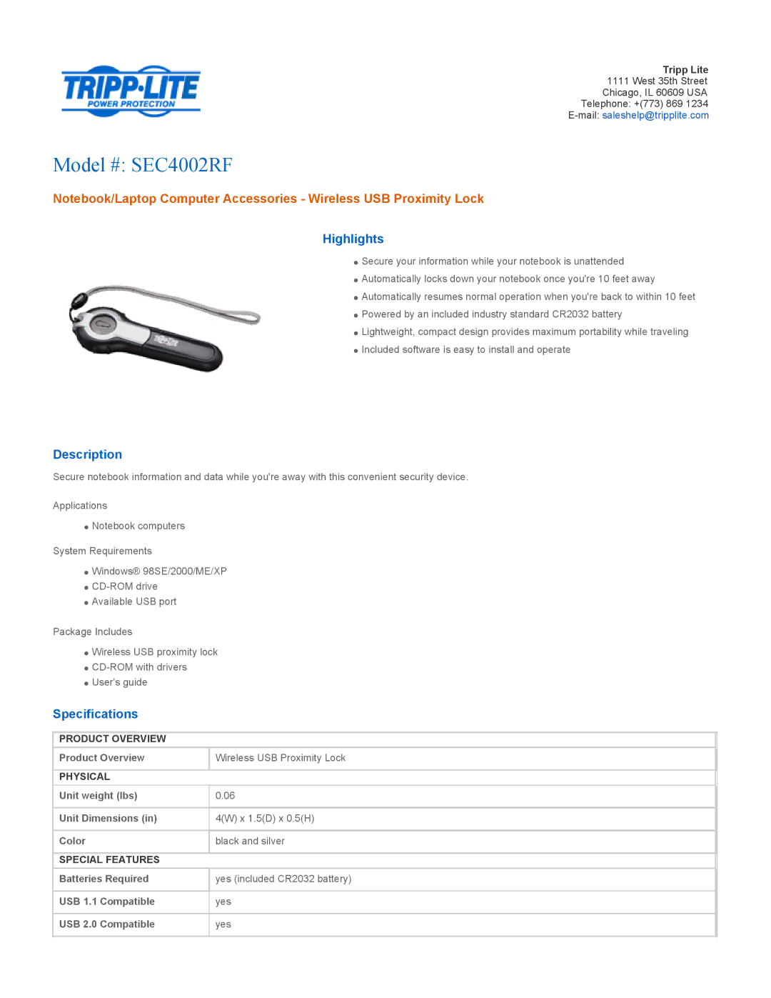 Tripp Lite specifications Model # SEC4002RF, Highlights, Description, Specifications 