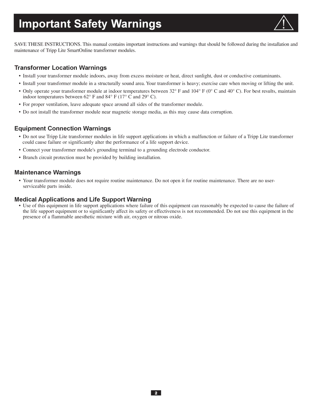 Tripp Lite Series 5kVA owner manual Important Safety Warnings, Transformer Location Warnings, Equipment Connection Warnings 