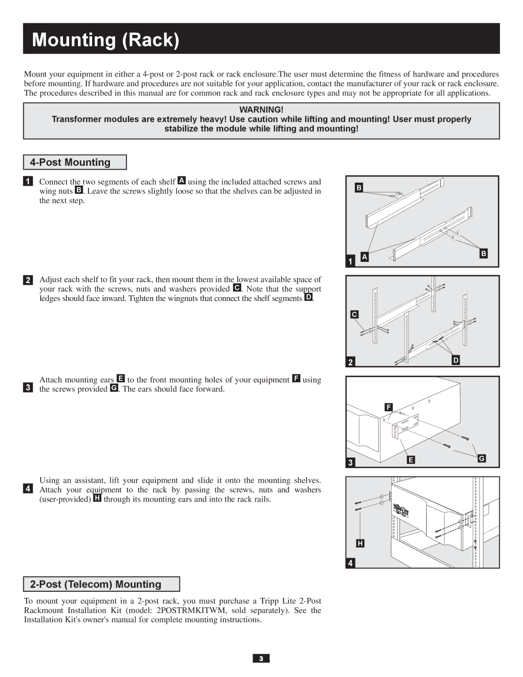 Tripp Lite Series 5kVA owner manual Mounting Rack, Post Mounting, Post Telecom Mounting 