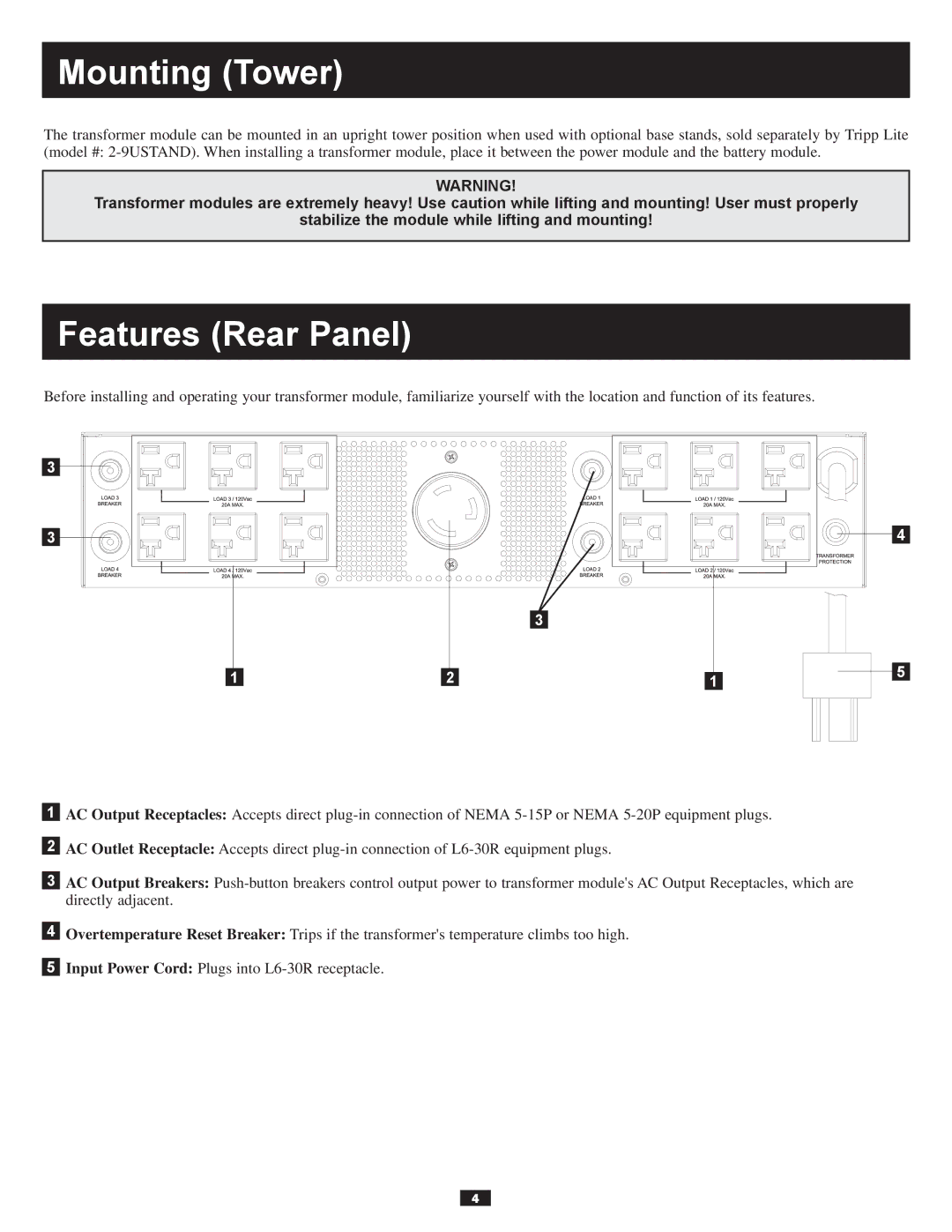 Tripp Lite Series 5kVA owner manual Mounting Tower, Features Rear Panel 