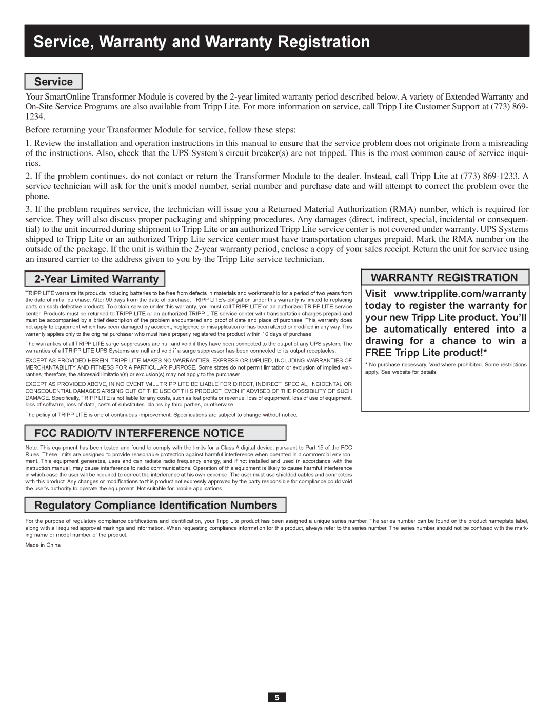 Tripp Lite Series 5kVA owner manual Service, Year Limited Warranty, Regulatory Compliance Identification Numbers 