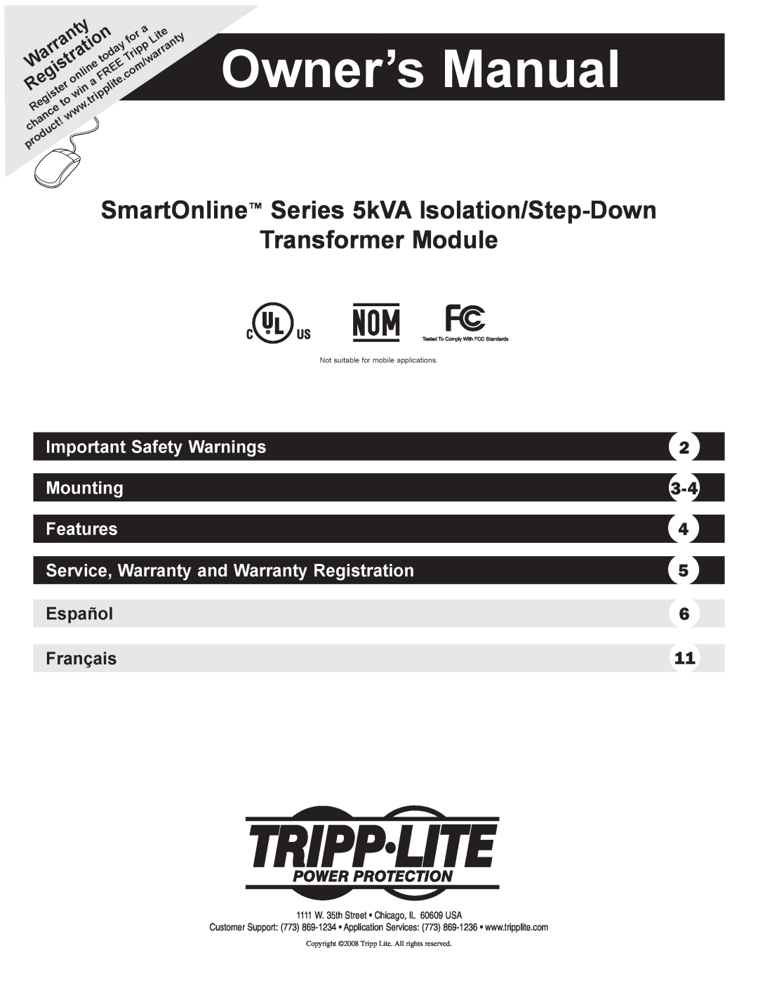 Tripp Lite owner manual Owner’s Manual, SmartOnline Series 5kVA Isolation/Step-Down Transformer Module, Mounting, Lite 