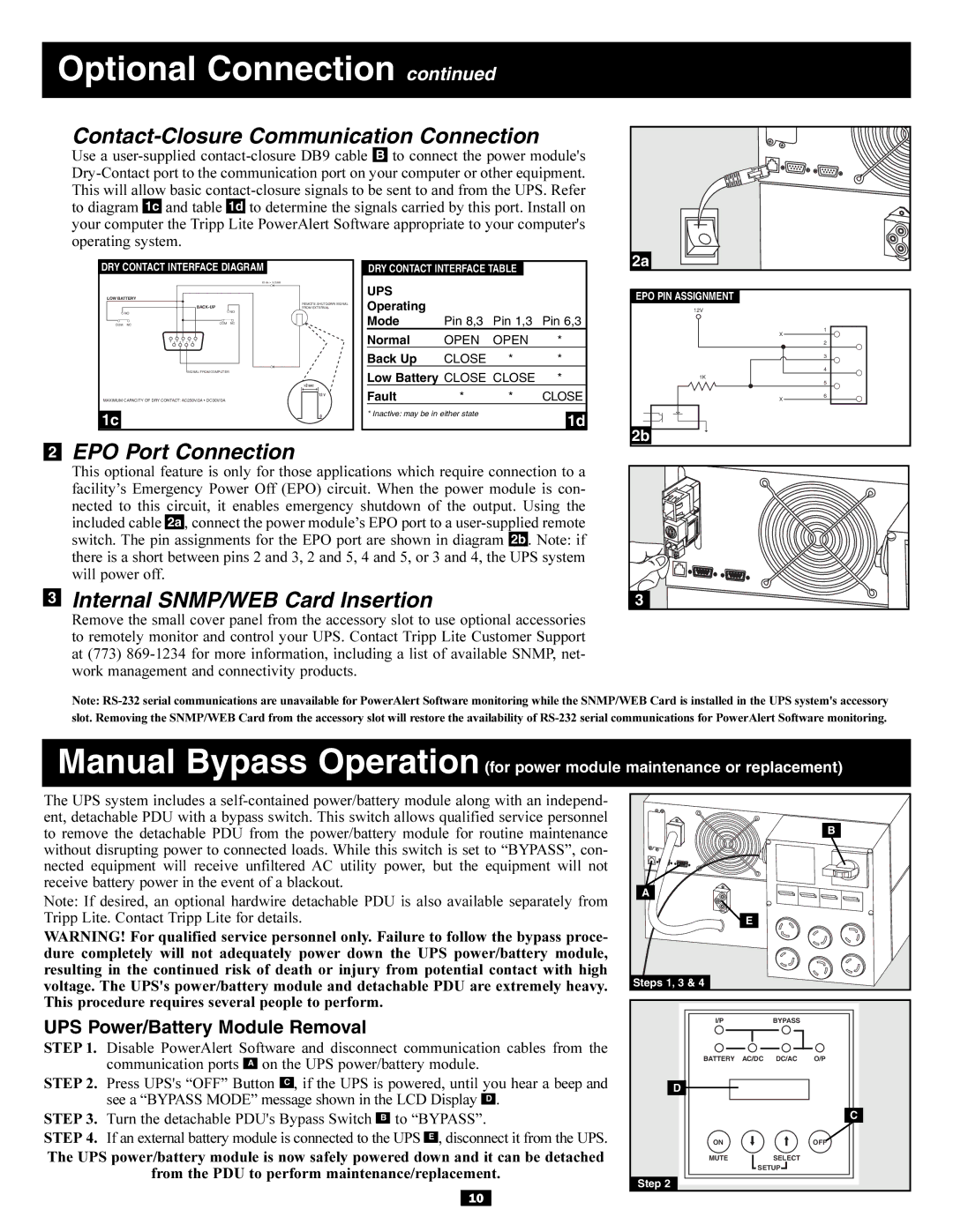 Tripp Lite Single-Phase 7.5kVA owner manual Contact-Closure Communication Connection, UPS Power/Battery Module Removal 