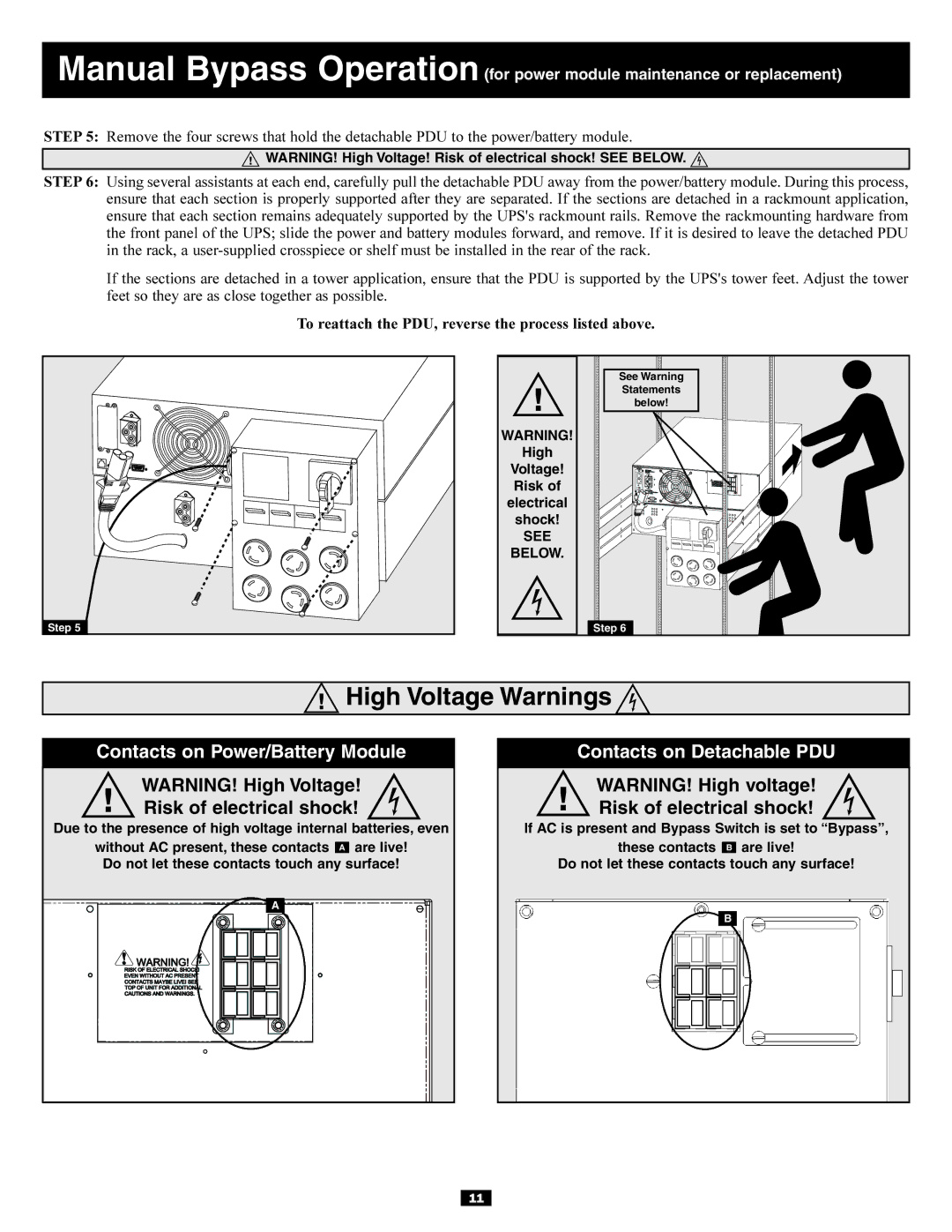 Tripp Lite Single-Phase 10kVA, Single-Phase 7.5kVA owner manual High Voltage Warnings, Risk of electrical shock 