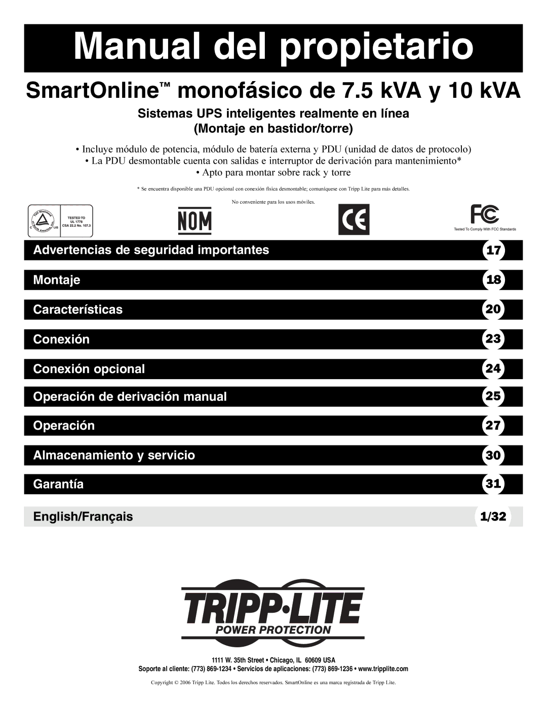 Tripp Lite Single-Phase 7.5kVA, Single-Phase 10kVA owner manual Manual del propietario 