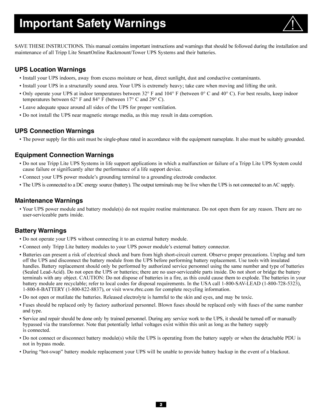 Tripp Lite Single-Phase 7.5kVA, Single-Phase 10kVA owner manual Important Safety Warnings 