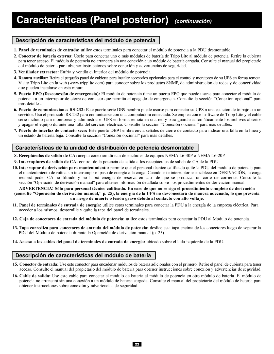 Tripp Lite Single-Phase 7.5kVA, Single-Phase 10kVA owner manual Características Panel posterior continuación 