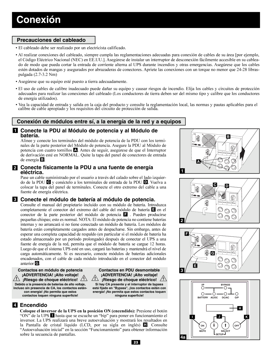 Tripp Lite Single-Phase 10kVA Conexión, Precauciones del cableado, Conecte el módulo de batería al módulo de potencia 