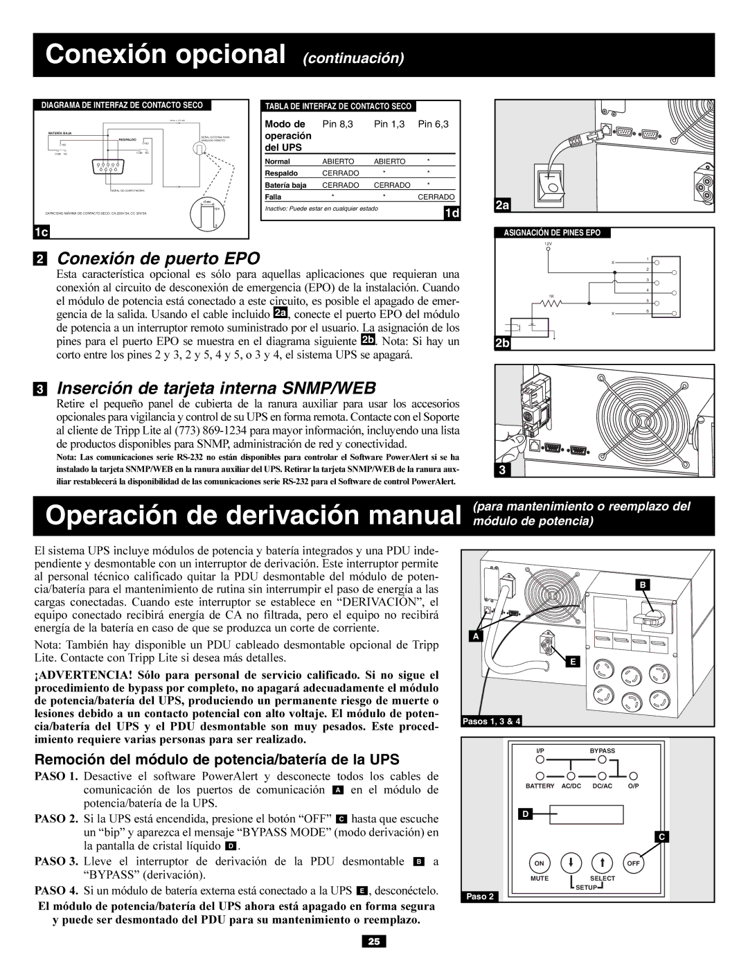 Tripp Lite Single-Phase 10kVA Conexión opcional continuación, Operación de derivación manual módulo de potencia 