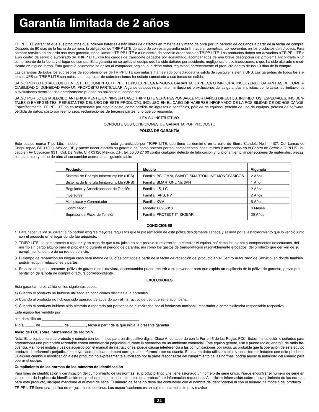 Tripp Lite Single-Phase 10kVA, Single-Phase 7.5kVA owner manual Garantía limitada de 2 años, Póliza DE Garantía 