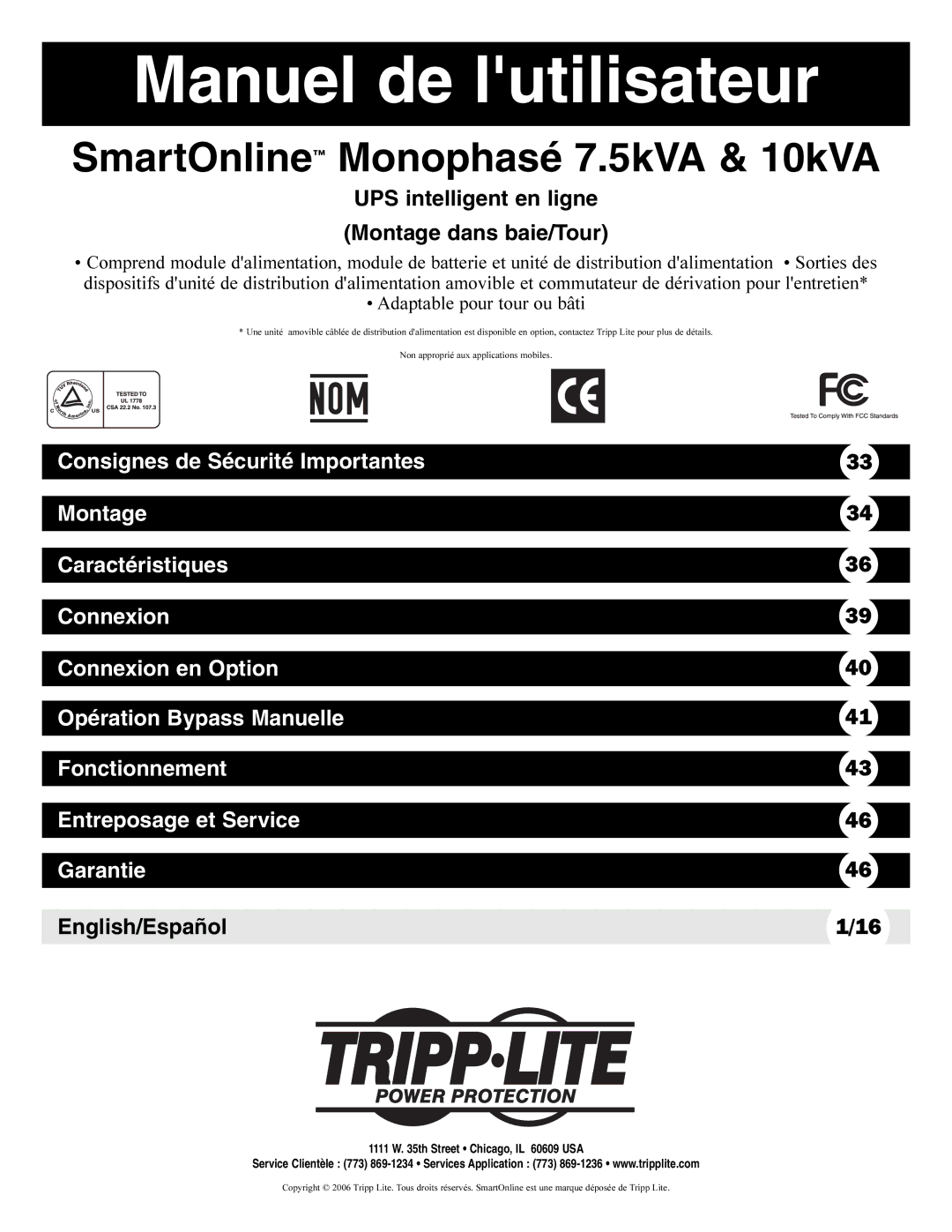 Tripp Lite Single-Phase 7.5kVA, Single-Phase 10kVA owner manual Manuel de lutilisateur 