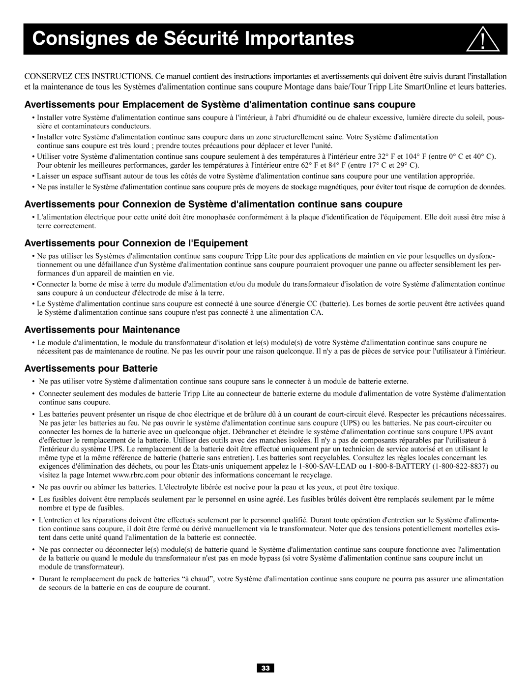 Tripp Lite Single-Phase 10kVA owner manual Consignes de Sécurité Importantes, Avertissements pour Connexion de lEquipement 