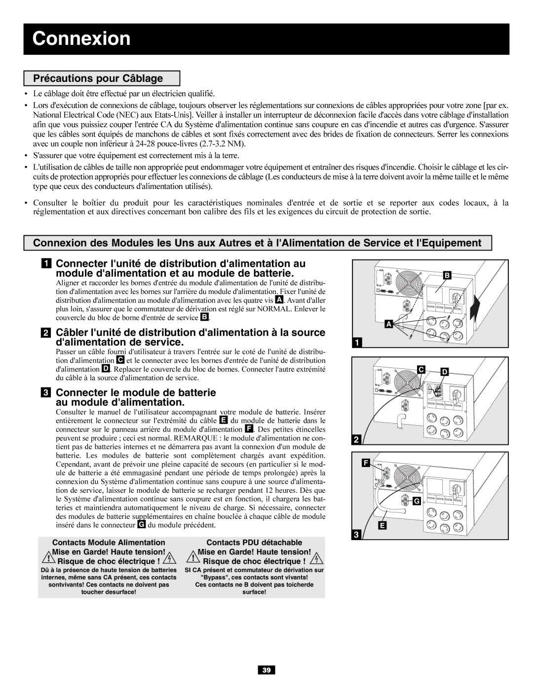 Tripp Lite Single-Phase 10kVA Connexion, Précautions pour Câblage, Connecter le module de batterie Au module dalimentation 