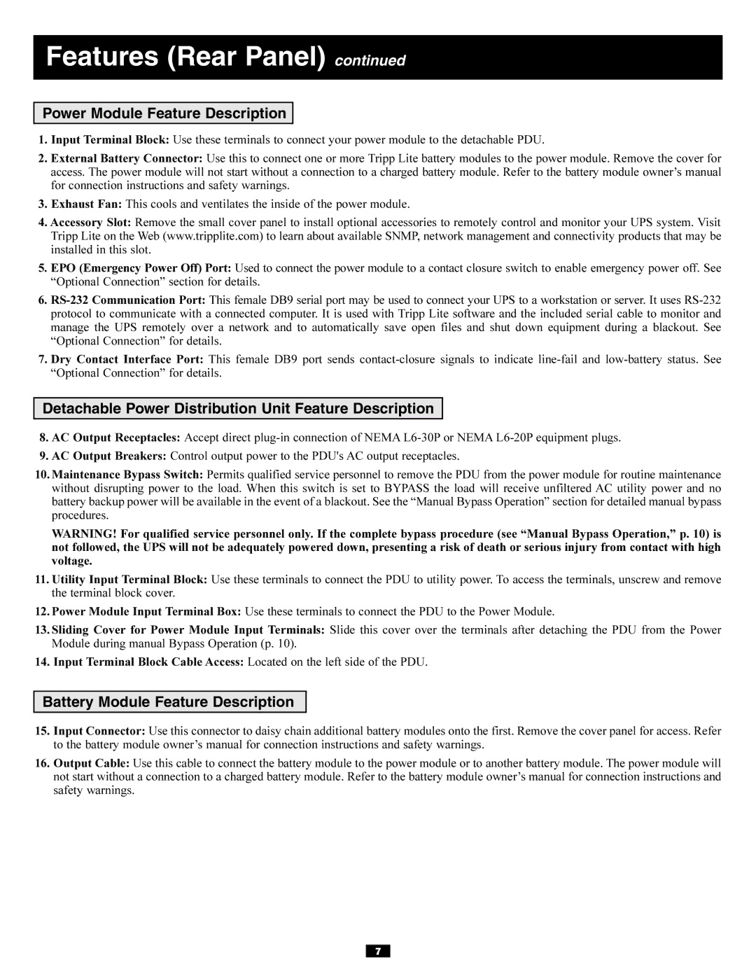 Tripp Lite Single-Phase 10kVA Features Rear Panel, Power Module Feature Description, Battery Module Feature Description 