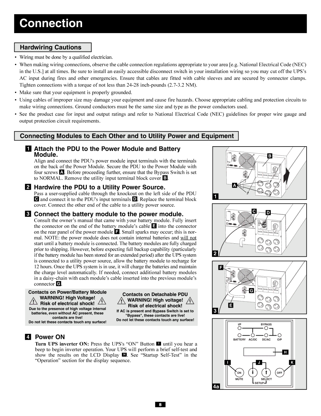 Tripp Lite Single-Phase 7.5kVA Connection, Hardwiring Cautions, Hardwire the PDU to a Utility Power Source, Power on 