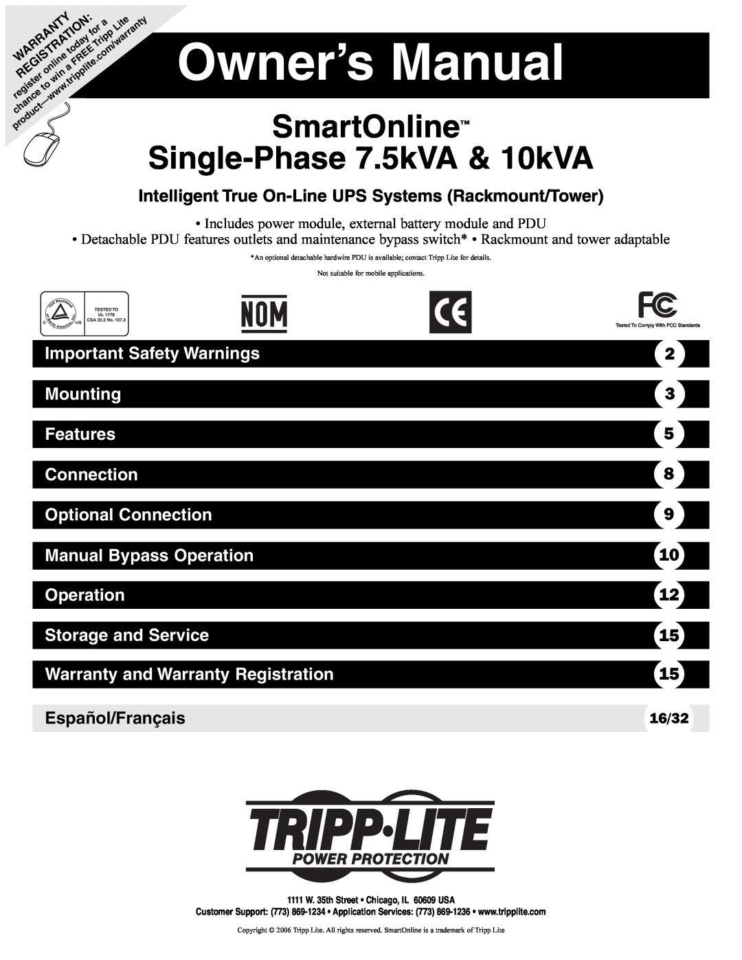 Tripp Lite Single-Phase 10kVA owner manual Owner’s Manual, SmartOnline Single-Phase 7.5kVA & 10kVA, Mounting, Features 
