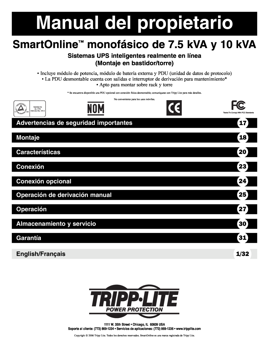Tripp Lite Single-Phase 7.5kVA Manual del propietario, Sistemas UPS inteligentes realmente en línea, Montaje, Conexión 