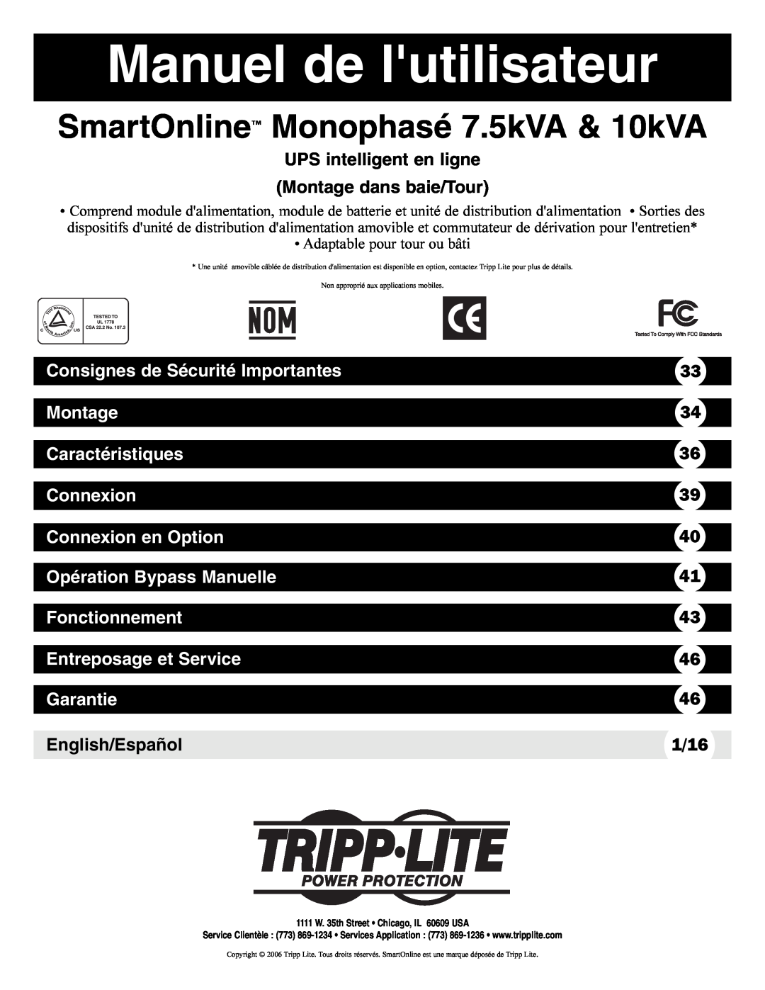 Tripp Lite Single-Phase 7.5kVA Manuel de lutilisateur, SmartOnline Monophasé 7.5kVA & 10kVA, Montage, Caractéristiques 