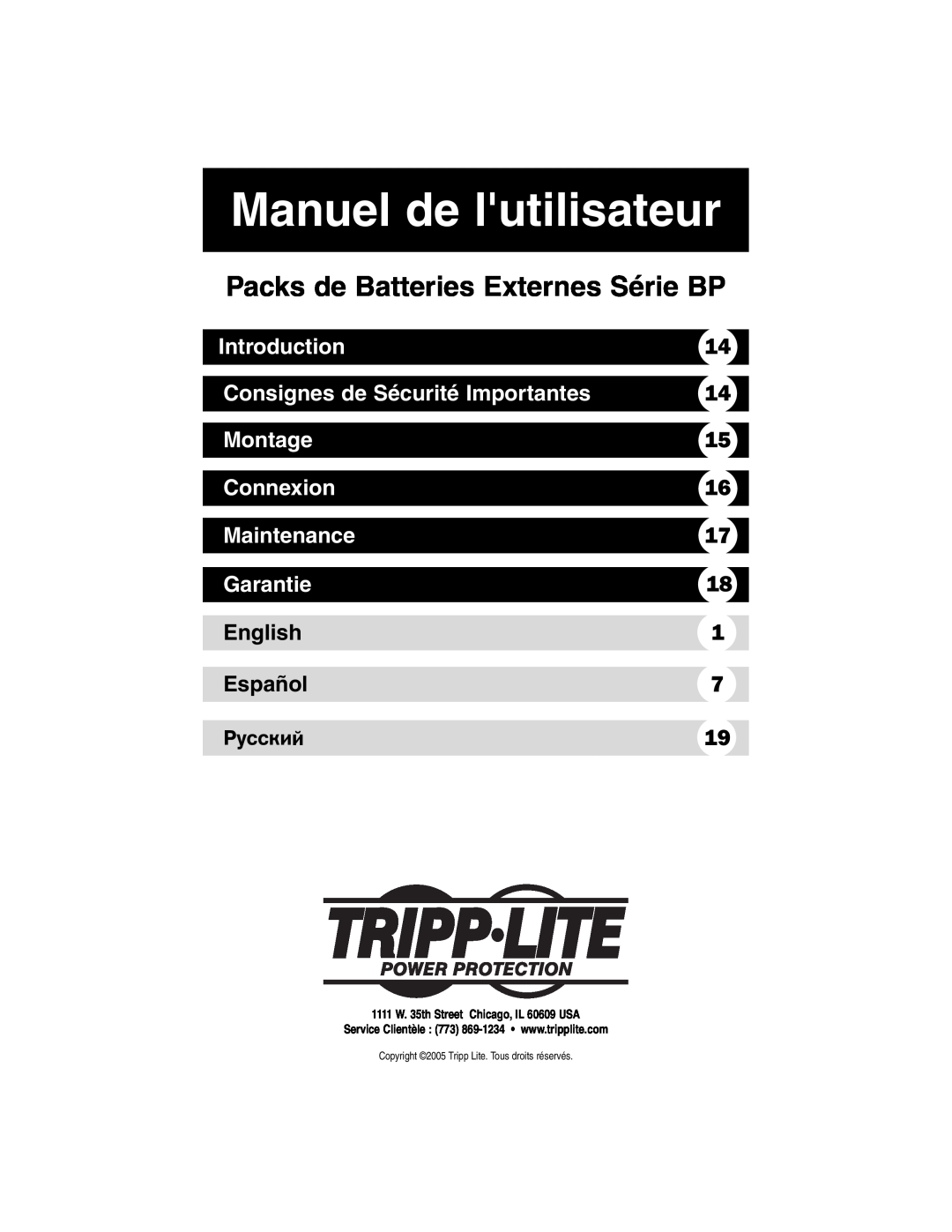 Tripp Lite Single-Phase 10kVA Manuel de lutilisateur, Packs de Batteries Externes Série BP, Introduction, Montage, English 