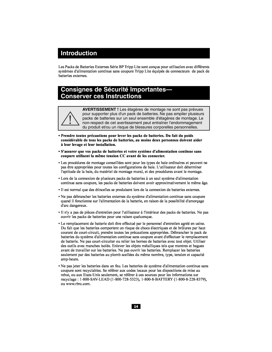 Tripp Lite Single-Phase 7.5kVA owner manual Consignes de Sécurité Importantes Conserver ces Instructions, Introduction 