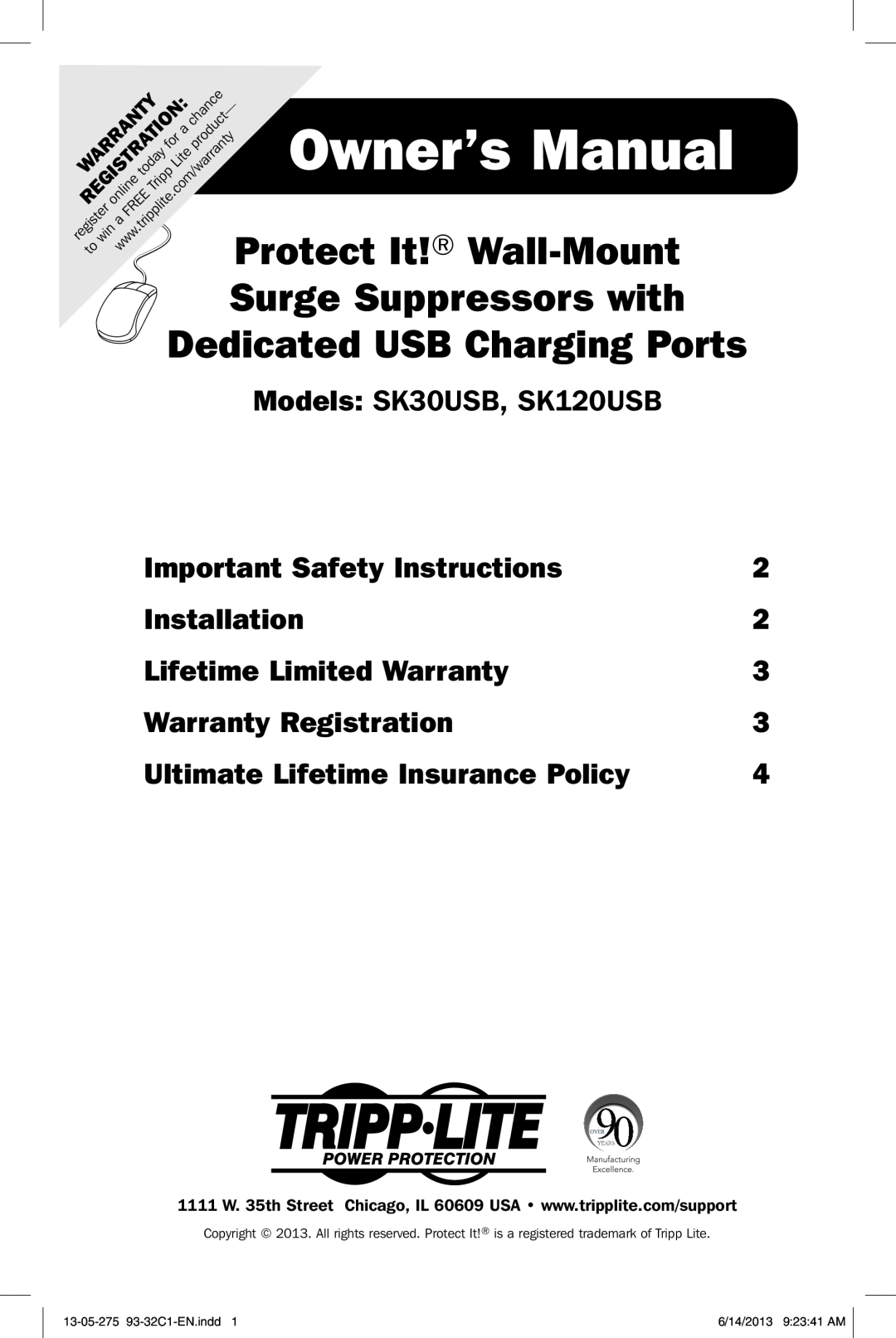 Tripp Lite owner manual Owner’s Manual, Protect It! Wall-Mount, Models SK30USB, SK120USB, Important Safety Instructions 