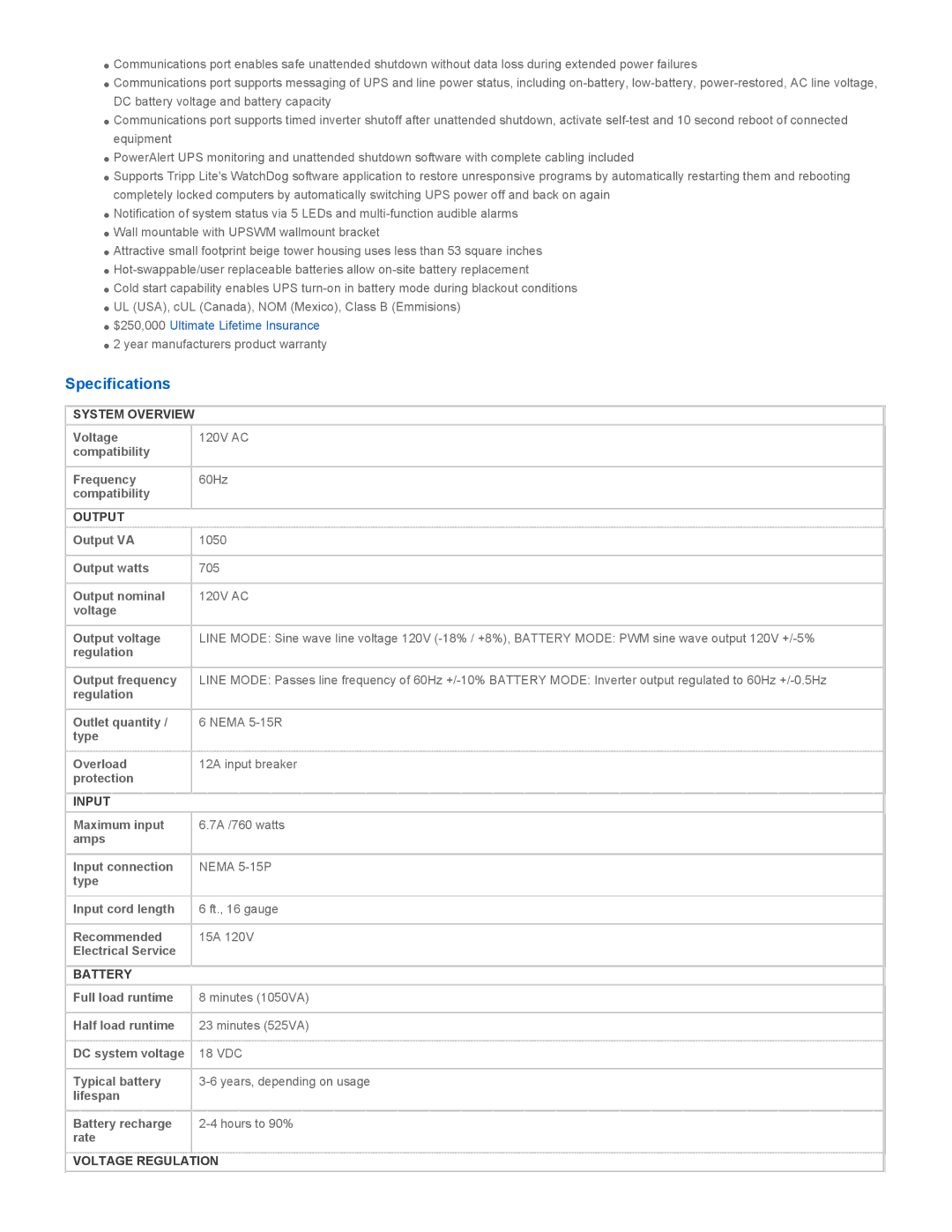 Tripp Lite SM1050NAFTA warranty Specifications 