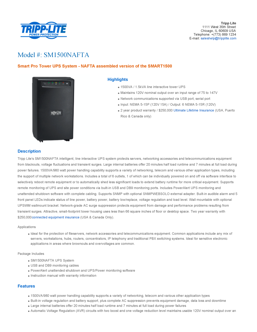 Tripp Lite warranty Highlights, Description, Features, Model # SM1500NAFTA 