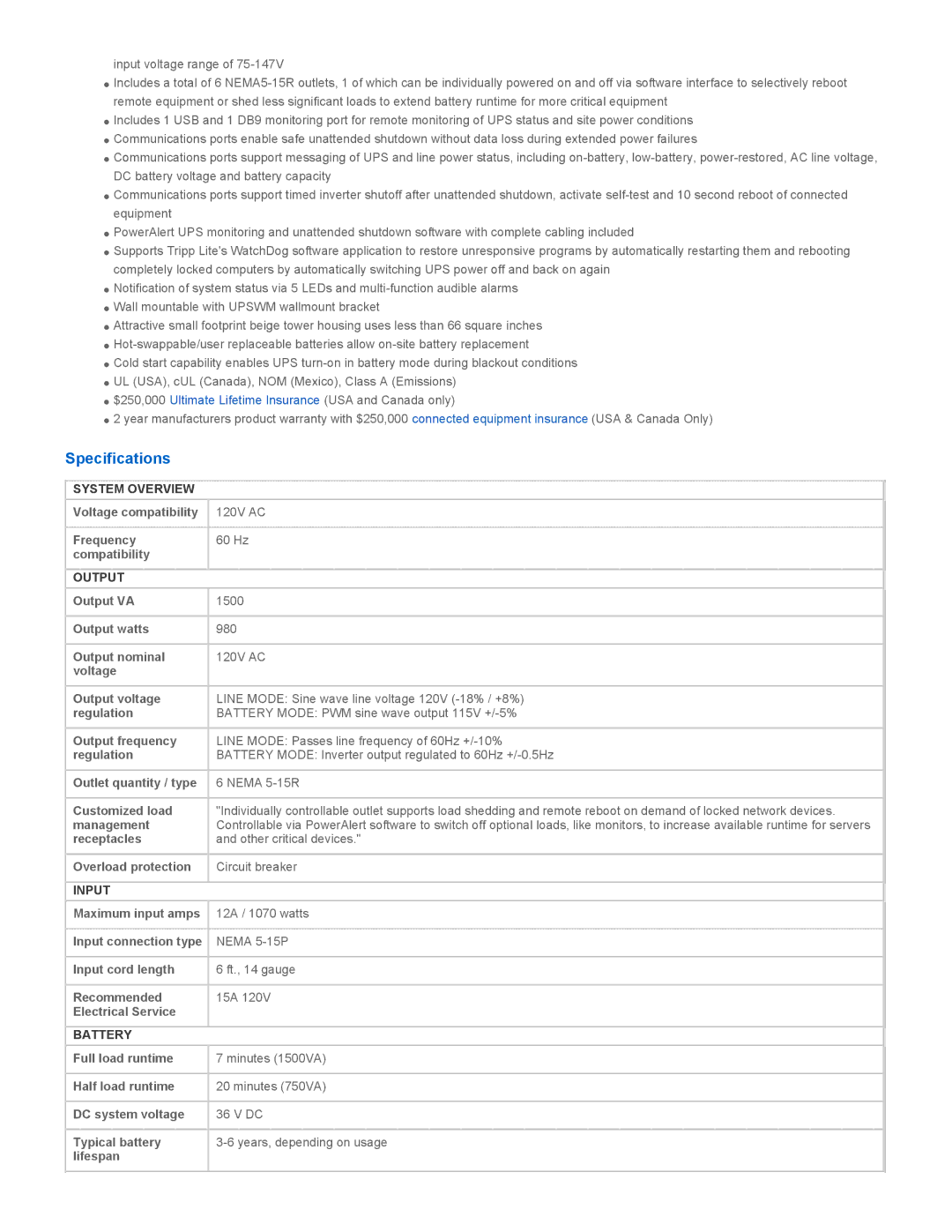 Tripp Lite SM1500NAFTA warranty Specifications, System Overview, Output, Input, Battery 