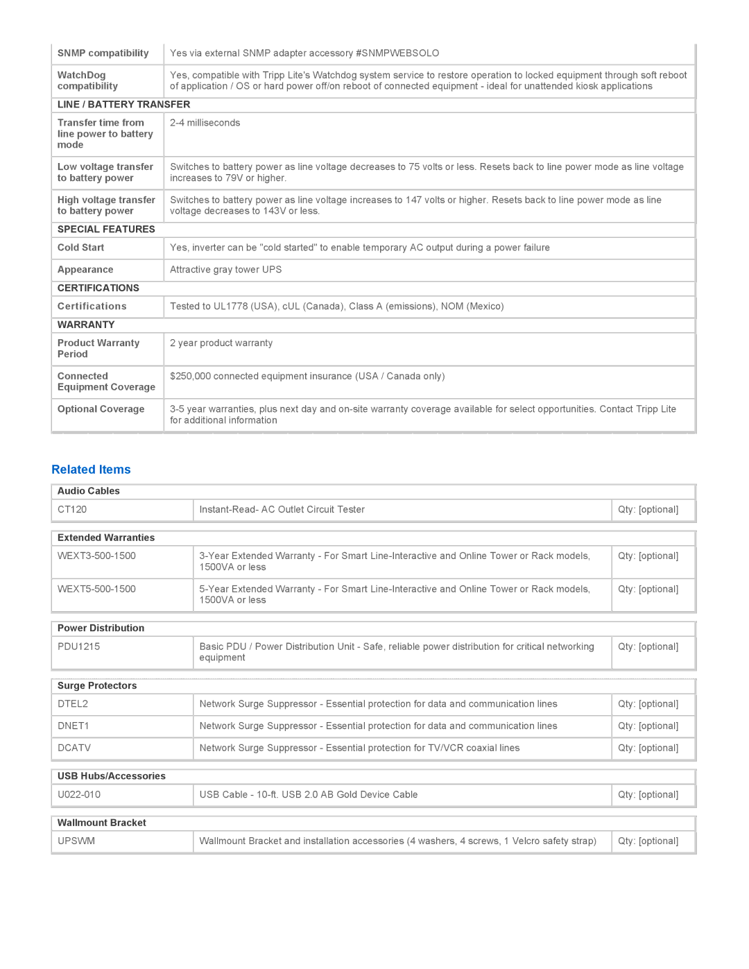 Tripp Lite SM1500NAFTA warranty Related Items, Line / Battery Transfer, Special Features, Certifications, Warranty 