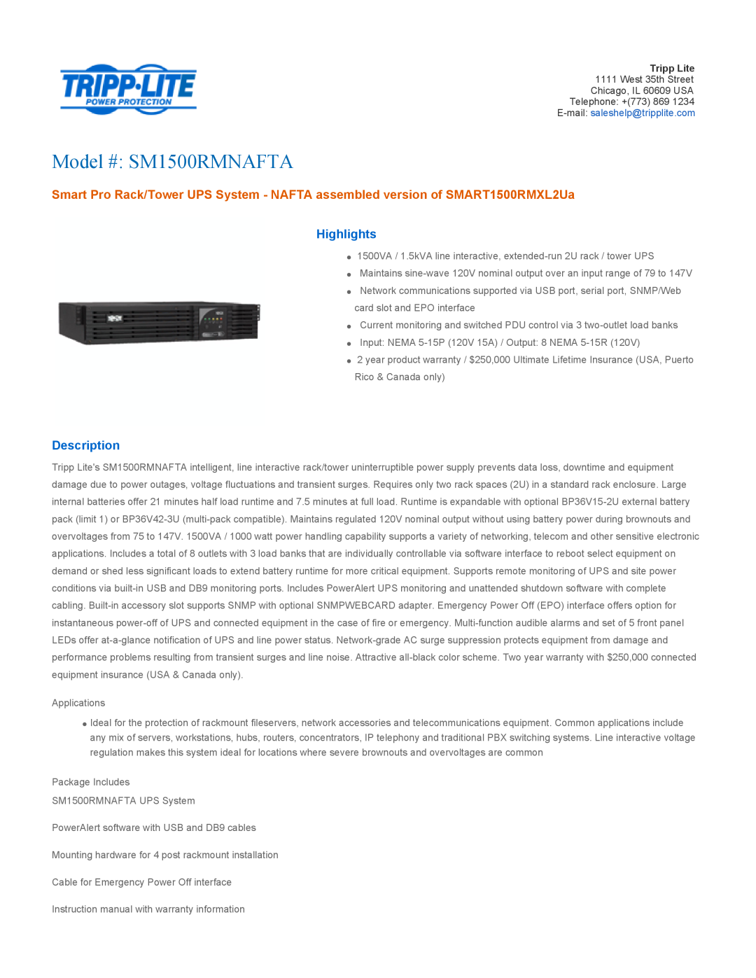 Tripp Lite warranty Highlights, Description, Model # SM1500RMNAFTA 