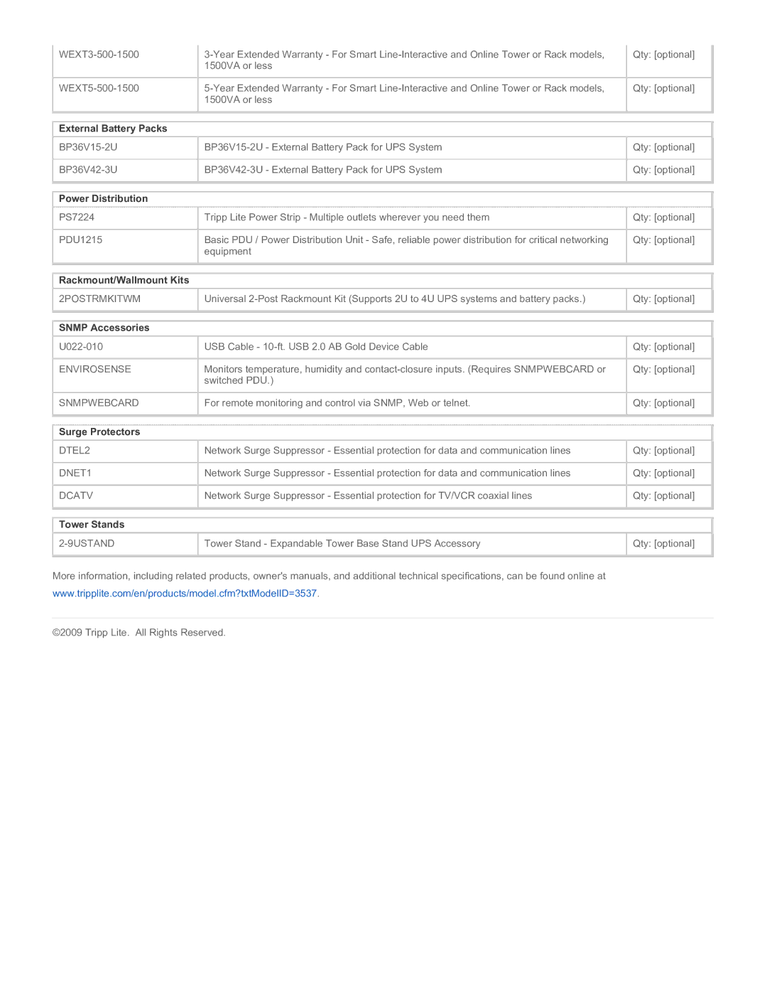Tripp Lite SM1500RMNAFTA warranty External Battery Packs, Power Distribution, Rackmount/Wallmount Kits, Snmp Accessories 