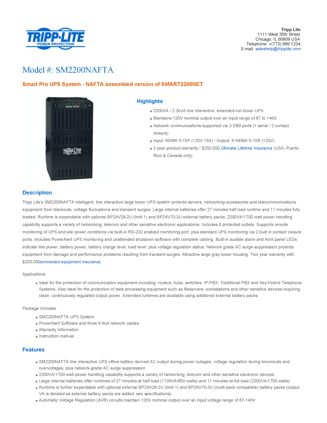 Tripp Lite warranty Highlights, Description, Features, Model # SM2200NAFTA, $250,000connected equipment insurance 