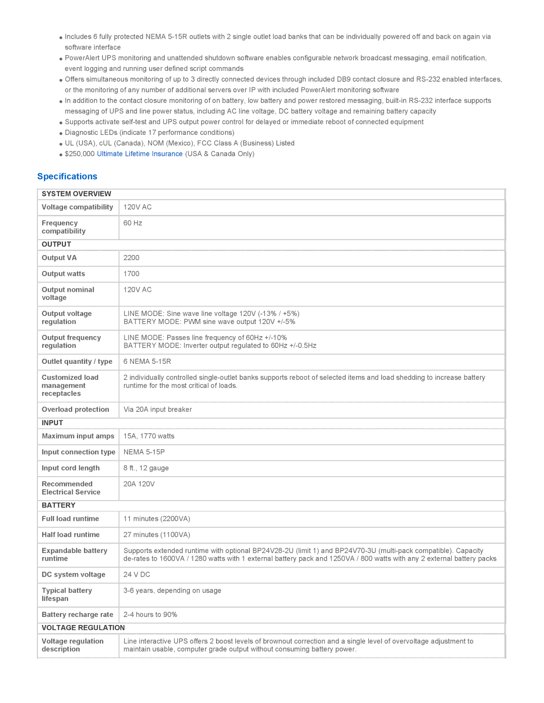 Tripp Lite SM2200NAFTA warranty Specifications 