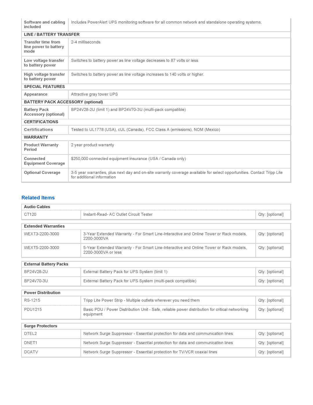 Tripp Lite SM2200NAFTA warranty Related Items, Line / Battery Transfer, Special Features, Certifications, Warranty 