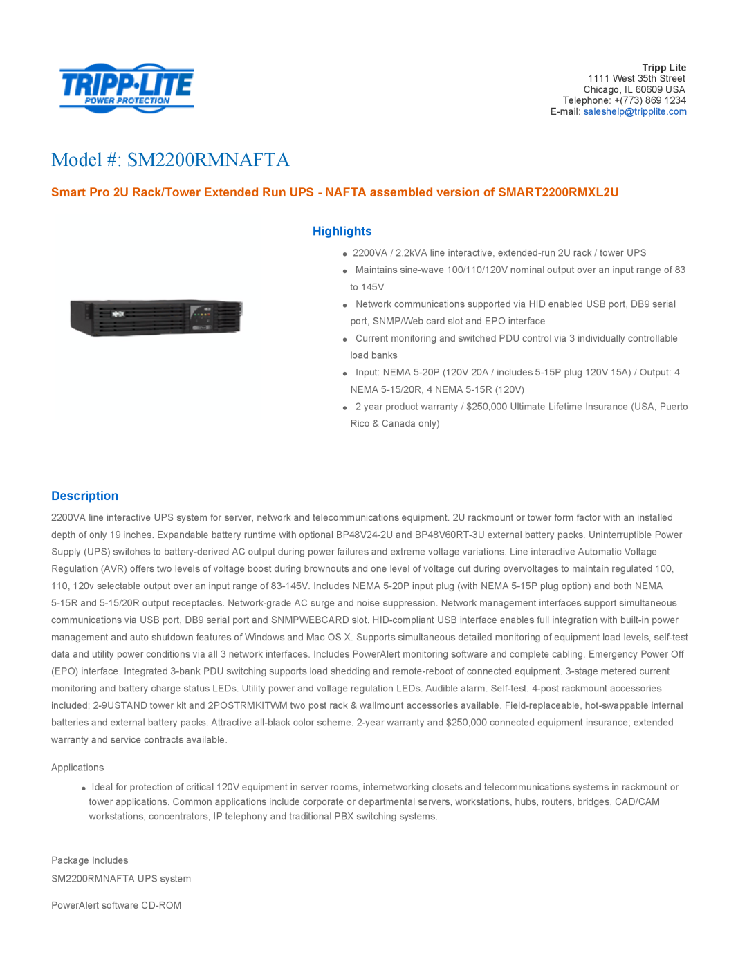 Tripp Lite warranty Highlights, Description, Model # SM2200RMNAFTA 