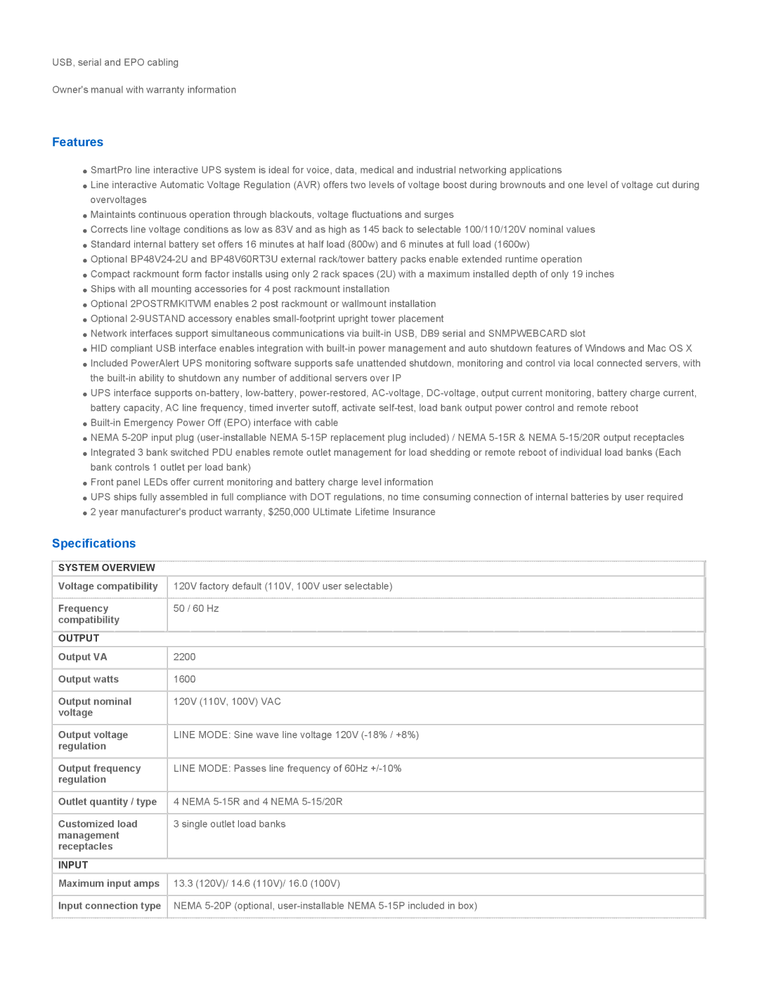 Tripp Lite SM2200RMNAFTA warranty Features, Specifications, System Overview, Output, Input 