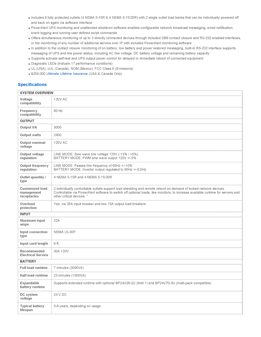 Tripp Lite SM3000NAFTA warranty Specifications, System Overview, Output, Input, Battery 