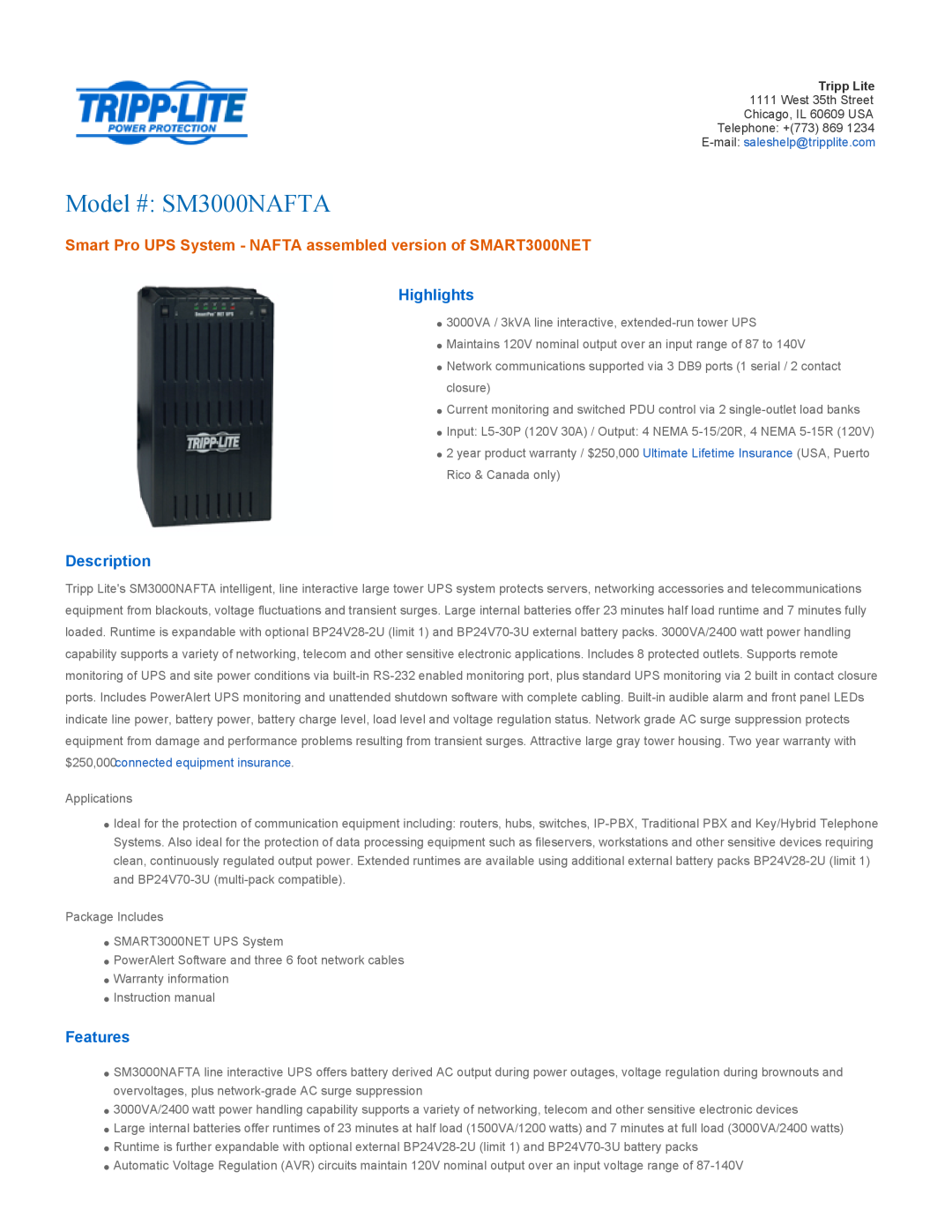 Tripp Lite warranty Highlights, Description, Features, Model # SM3000NAFTA, $250,000connected equipment insurance 