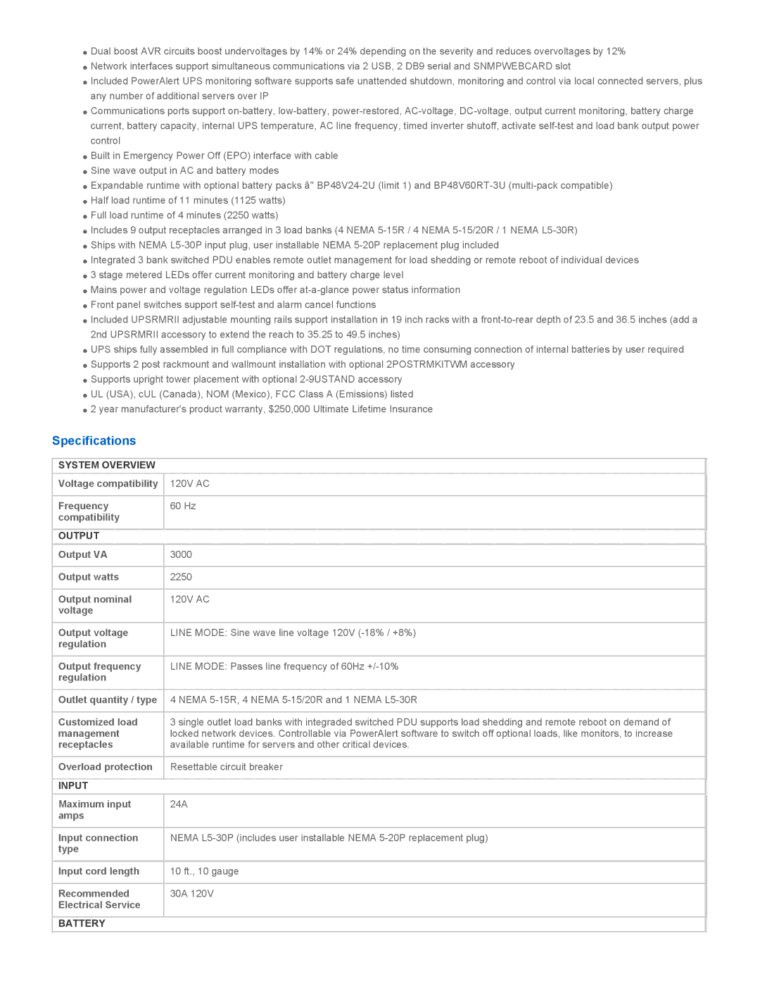 Tripp Lite SM3000RMNAFTA warranty Specifications, System Overview, Output, Input, Battery 