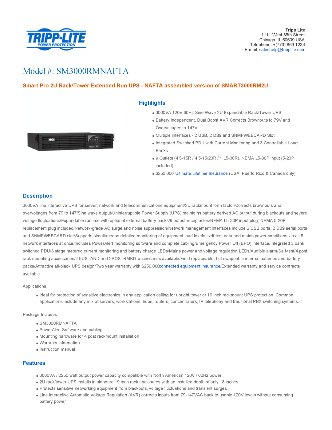 Tripp Lite warranty Highlights, Description, Features, Model # SM3000RMNAFTA 